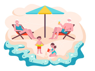 Obraz na płótnie Canvas Happy family Grandparents spending time with grandchildren on the beach