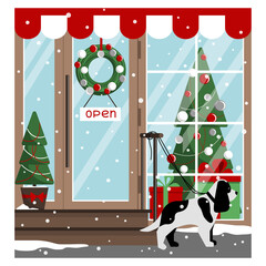 Shop window in the New Year and Christmas. The dog is waiting for a person with gifts at the entrance. Vector illustration in a flat style. A festive concept for a postcard, poster.