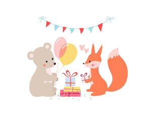 Illustration with cute bear, squirrel, gifts and balloons . Vector cartoon animalistic characters isolated on white background. Birthday party. - 459722372
