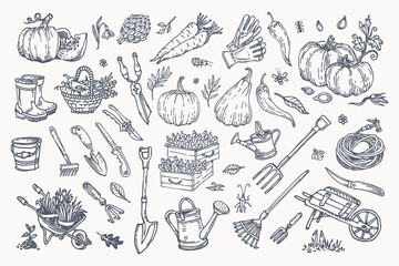 Big set of hand-drawn garden elements gardening tools.