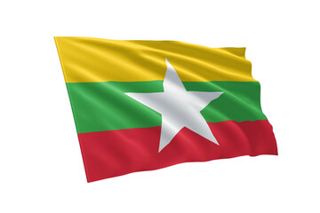 3D illustration flag of Myanmar. Myanmar flag isolated on white background.