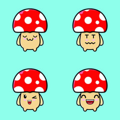 Set Cute mushroom icon face expression. mushroom  vector icon on blue background cartoon icon illustration design isolated flat cartoon style