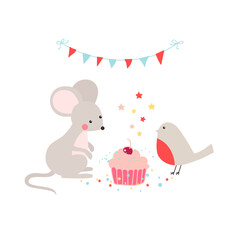 Vector illustration with cute mouse, bird and cupcake. Cartoon animalistic characters isolated on white background. Birthday party. - 459723548