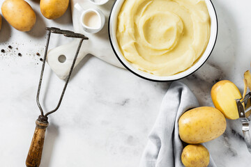 mashed potatoes on a white marble table. photo for packaging