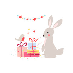 Vector illustration with cute bunny, bird and gifts. Greeting card. Cartoon animalistic characters isolated on white background. - 459724142
