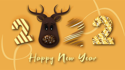 Happy New Year 2022 greeting card with a Christmas deer and numbers on an orange background.