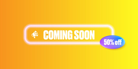 coming soon banner or button on the orange modern background. Coming soon sign isolated on yellow layout