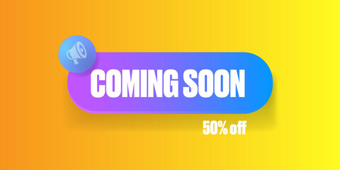 coming soon banner or button on the orange modern background. Coming soon sign isolated on yellow layout