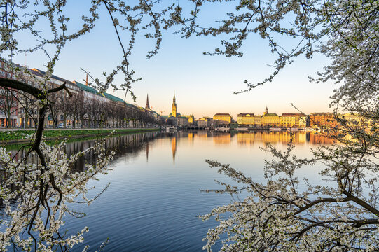 Germany, Hamburg, Inner Alster Lake at springtime dawn