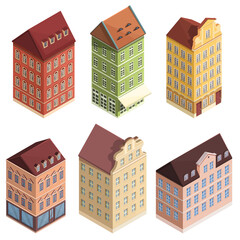 set of cartoon european isometric houses, vector illustration