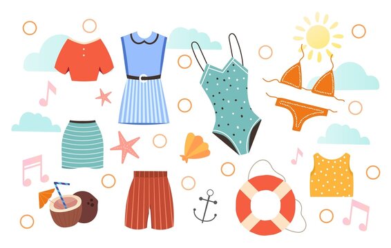 Set of essential summer clothes on white background. Female beach clothing elements. Summer clothes, coconut drink, cosmetic bag, swimsuit. Flat cartoon vector illustration