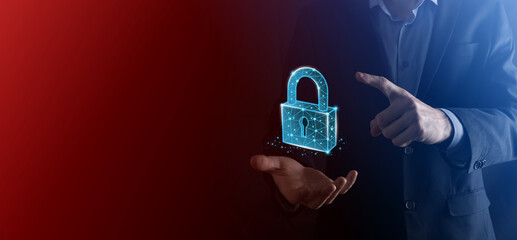 Cyber security network. Padlock icon and internet technology networking. Businessman protecting data personal information on tablet and virtual interface. Data protection privacy concept. GDPR. EU.