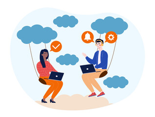 Male and female office employees working on laptops on swing suspend on cloud online on white background. Concept of cloud computing, company cloud infrastructure. Flat cartoon vector illustration