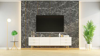 Modern living room with marble wall and luxury TV cabinet. 3D rendering