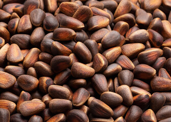 Pine nuts in shell. Texture, background. Top view, close up.