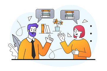 Male and female characters are talking for brain and mind training with smart literature study. Concept of knowledge or education. Book library in head. Flat cartoon vector illustration