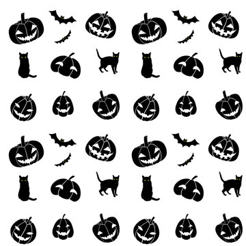 pattern seamless helloween black and white cat pumpkin bat