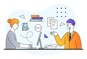 Male character is teaching a new employee in the office on white background. Concept of mentoring, coaching, and training. Team help, teamwork. Flat cartoon vector illustration