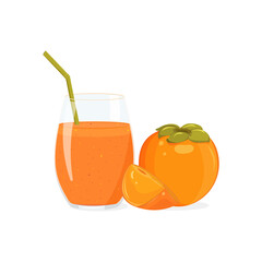 Persimmon, glass of smoothie with a drinking straw.