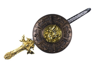 toy shield and sword isolated on white background