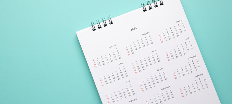 2022 Calendar Page On Blue Background Business Planning Appointment Meeting Concept