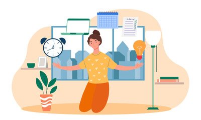 Skillful female character juggling work elements, laptop, calendar, ideas, emails on white background. Concept of productivity, multitasking work and time management. Flat cartoon vector illustration