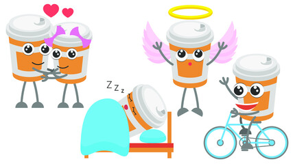 Set Abstract Collection Flat Cartoon 
Different Animal Cup Of Coffee Riding A Bike, Sleeping, Hugs With Hearts Love, Flies On Wings And With A Halo Vector Design Style Elements Fauna Wildlife