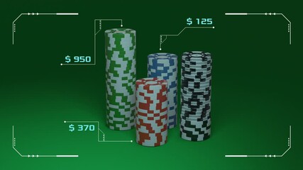 build-up animation of stacks of fiches witha futuristic hud, concept of gambling online (3d render)