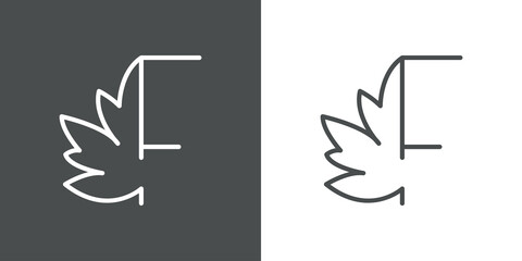 Logotipo letra inicial F en hoja de arce con lineas en fondo gris y fondo blanco