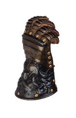 Medieval knightly brown plate gauntlet from Italian armor, in the form of a lion's face and mane,...