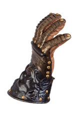 Medieval knightly brown plate gauntlet from Italian armor, in the form of a lion's face and mane,...