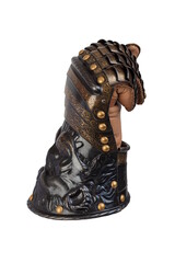 Medieval knightly brown plate gauntlet from Italian armor, in the form of a lion's face and mane,...