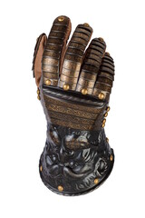 Medieval knightly brown plate gauntlet from Italian armor, in the form of a lion's face and mane,...