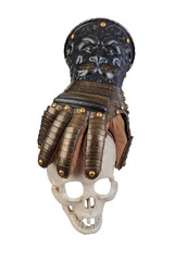 Medieval knightly brown plate gauntlet from Italian armor, in the form of a lion's face and mane,...