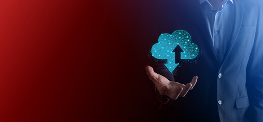 Man hold Cloud icon technology. Polygonal wireframe cloud storage sign with two arrows up and down....