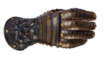 Medieval knightly brown plate gauntlet from Italian armor, in the form of a lion's face and mane,...