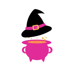 Black witch hat and cauldron in purple and pink colors. Cartoon illustration on white background