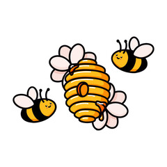 Hive with cute bees and flowers. Yellow beehive doodle vector illustration. Home of the wasp, bee and insect with flowers. Honey production, beekeeping. Flat cartoon illustration isolated on white