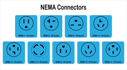 Range of NEMA connectors with naming. Electric outlet line icons