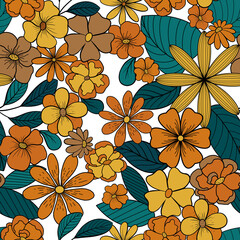 Graphic flowers with black outline in autumn colors. Seamless pattern in vintage style.
