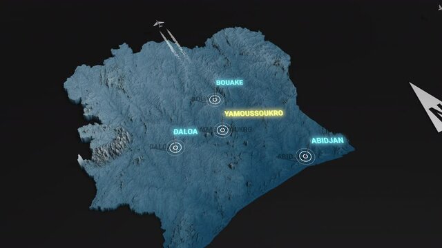 Seamless looping animation of the 3d terrain map at nighttime of Ivory Coast with the capital and the biggest cites in 4K resolution