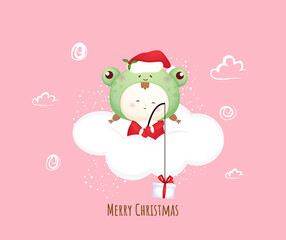 Cute baby santa on the cloud for merry christmas illustration Premium Vector