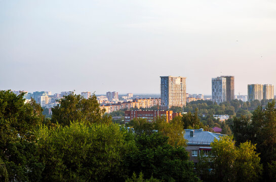 Scenic view of the city from above, at sunrise. Izhevsk. Udmurtia. Russia