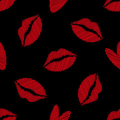 Vector scribbled lip seamless pattern background. High contrast red black backdrop with pencil drawing style lips. Scattered female kiss motif. Repeat for romance, love, Valentine Day celebration