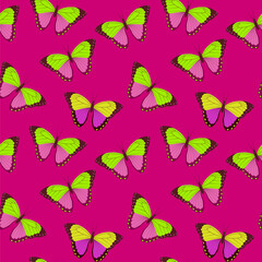 Bright tropical butterflies on a crimson background, seamless pattern