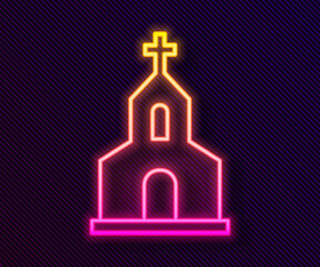 Glowing neon line Church building icon isolated on black background. Christian Church. Religion of church. Vector