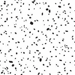 Abstract seamless pattern with black dots, speckles on white background. Ink splash spots splatter spray vector texture. Simple cute design for fabric ditsy print, wallpaper, gift wrap, cards.