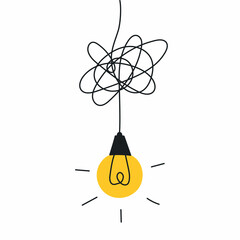 Electric lamp with tangled wires. Creativity and electricity icon concept. Thin line elegant vector illustration on white.