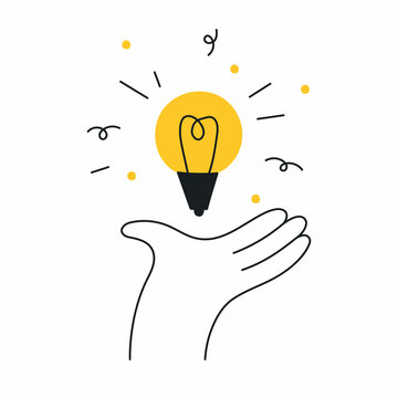 A bright lamp above the palm of the hand. Ideas, think outside the box, imagination, solution, and effort. Thin line vector illustration on white background.