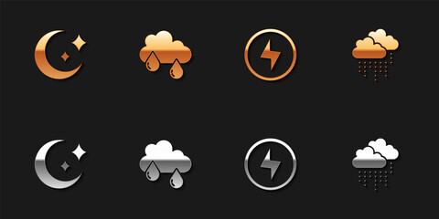 Set Moon and stars, Cloud with rain, Lightning bolt and icon. Vector